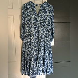 Celina Moon Blue and White Midi Dress Tiered V Neck Abstract Print Size Small